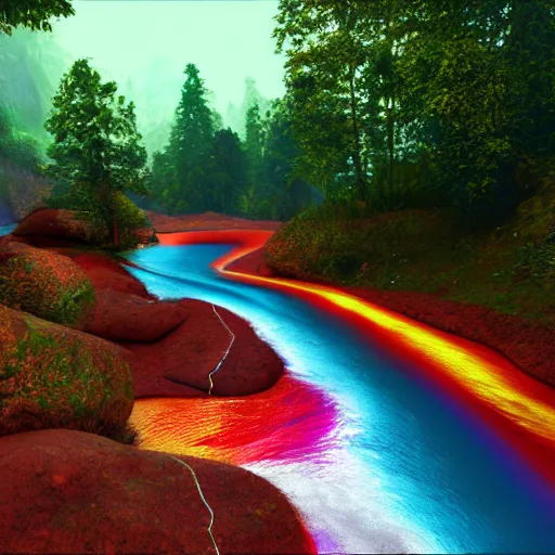 Image similar to god spills colorful rivers from a sky, fantasic rain, render, octane render, 3 d, unreal engine, raytracing, 8 k