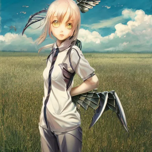 Prompt: girl with uniform and metal wings, serious, finely detailed, made by wlop, artgerm, ross tran, gediminas pranckevicius, full body portrait, illustration, grass, sunny, sky, anime, front view, perfect anime face, detailed face, zoomed out, smooth,