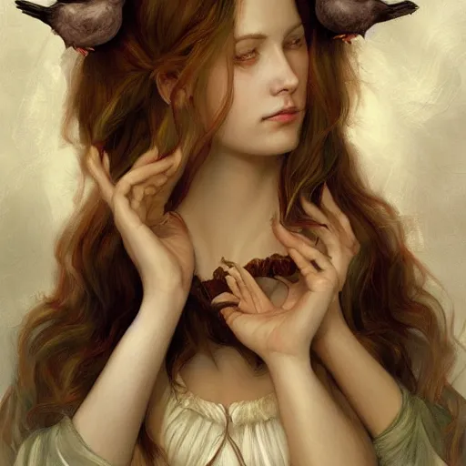 Image similar to a painting of a woman holding two birds, a character portrait by charlie bowater, featured on deviantart, pre - raphaelitism, pre - raphaelite, wiccan, deviantart