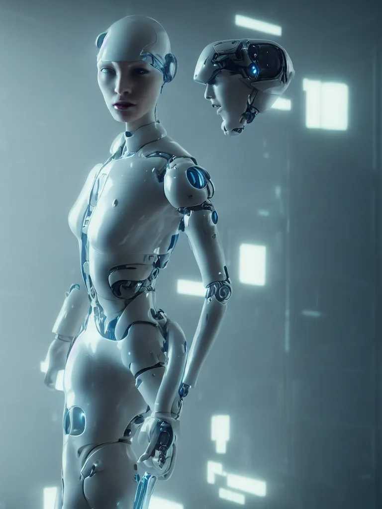 Image similar to cinematic shot of a cyborg woman with a porcelain body, perfect body, athletic, delft porcelain, led details, blade runner, ghost in the shell, futuristic, 8 k resolution, hyperdetailed, beautiful lighting, octane rendered, poser, photorealistic, exquisite details