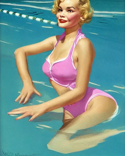 Image similar to tuesday weld swimming in a pink bikini, tuesday weld half immersed in water in a palm springs midcentury swimming pool by gil elvgren, by mort kunstler, by robert maguire