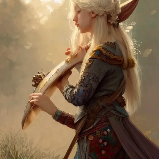 Image similar to elf fairy blond with a beautiful face, holding a lute, wearing a cardigan, highly detailed, intricate, digital painting, artstation, sharp focus, illustration, art by jakub rozalski, greg rutkowski, artgerm, tan zi and ayanamikodon and alphonse mucha and wlop