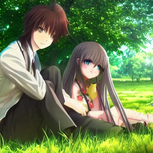 Prompt: photorealistic, green long hair anime boy meets a beautiful smiling anime girl with brown hair and high ponytail sitting under a tree, anime key visual, digital art, anime screenshot, kyoto animation, makoto shinkai, trending on pixiv