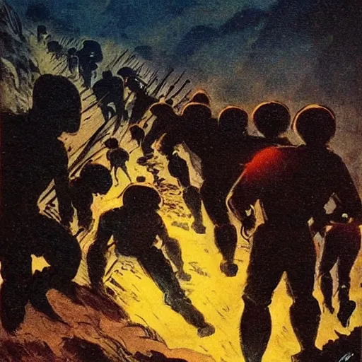 Image similar to mob of torch welding villagers walking up a hill at night. Artwork by Frank Frazetta