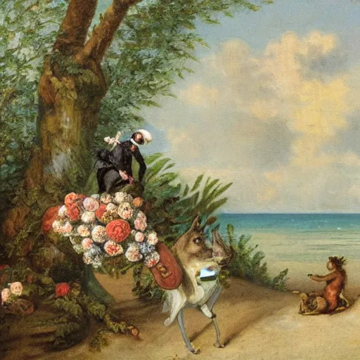 Prompt: a squirrel carrying napoleon bonaparte on its back, beach scene with flowers and foliage, detailed oil painting