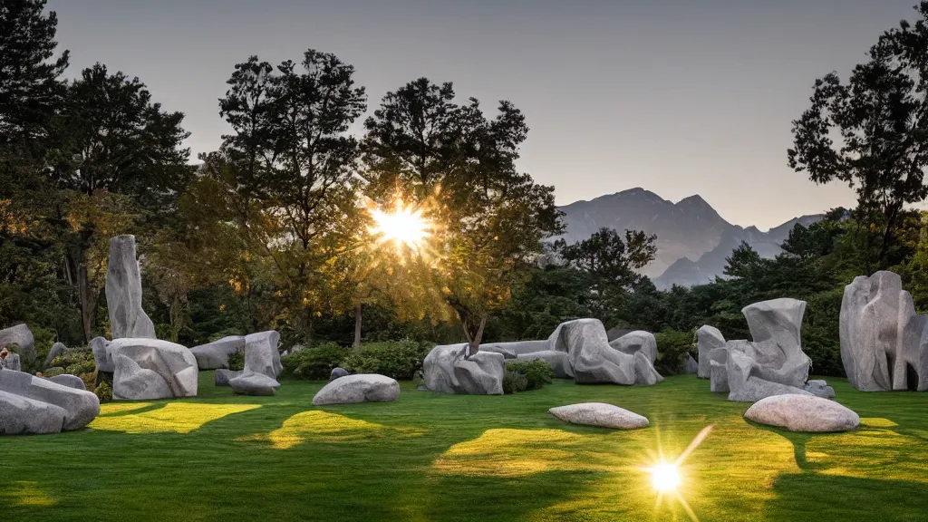 Prompt: a photo of a colossal abstract granite sculpture garden by kurt seligmann and edward steichen and hiroshi sugimoto, on a green lawn, distant mountains, golden hour, 8 k, dslr camera, enormous creatures augment my desire