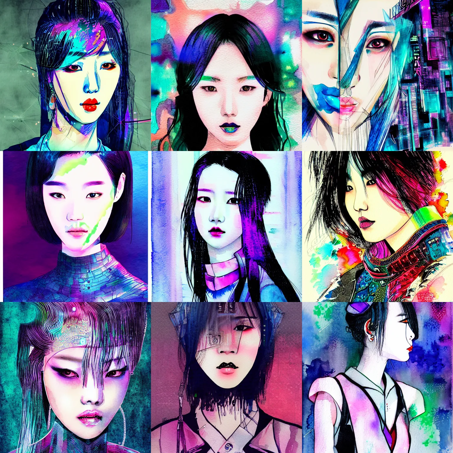 Prompt: korean women's fashion model, intricate watercolor cyberpunk vaporwave portrait by tim doyle