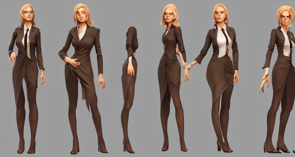 Image similar to Character concept sheet of Business Woman, hyperdetailed, artstation, cgsociety, golden hour 8k