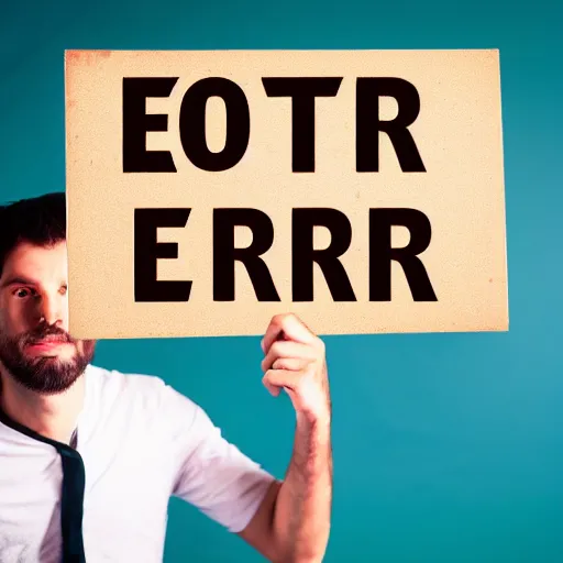 Prompt: photo of man holding a sign with text that reads : error 4 0 4