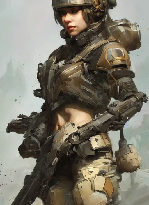 Image similar to of a beautiful sniper girl in war, with some futuristic gear and helmet, portrait by ruan jia and richard s. johnson, detailed, epic video game art, warm color tone