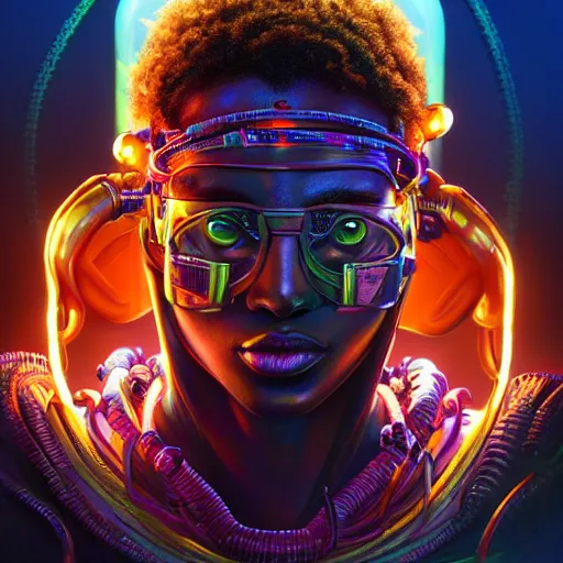 Image similar to african biopunk biochemist, tormented test subjects, neon beakers, science fiction, highly detailed, digital painting, beautiful eyes, symmetry, concept art, sharp focus, illustration, global illumination, radiant light, synthwave colors, detailed and intricate environment, art by artgerm and greg rutkowski and magali villeneuve and ilya kuvshinov!