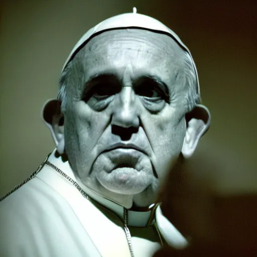 Prompt: A dark, somber, foreboding, grainy 1980s medium close-up portrait of Pope Francis as a Sith Lord, rim lighting, split lighting, F 2.8, 85mm Velvia 100,