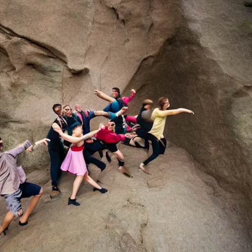 Image similar to group of people dancing and falling down a cliff