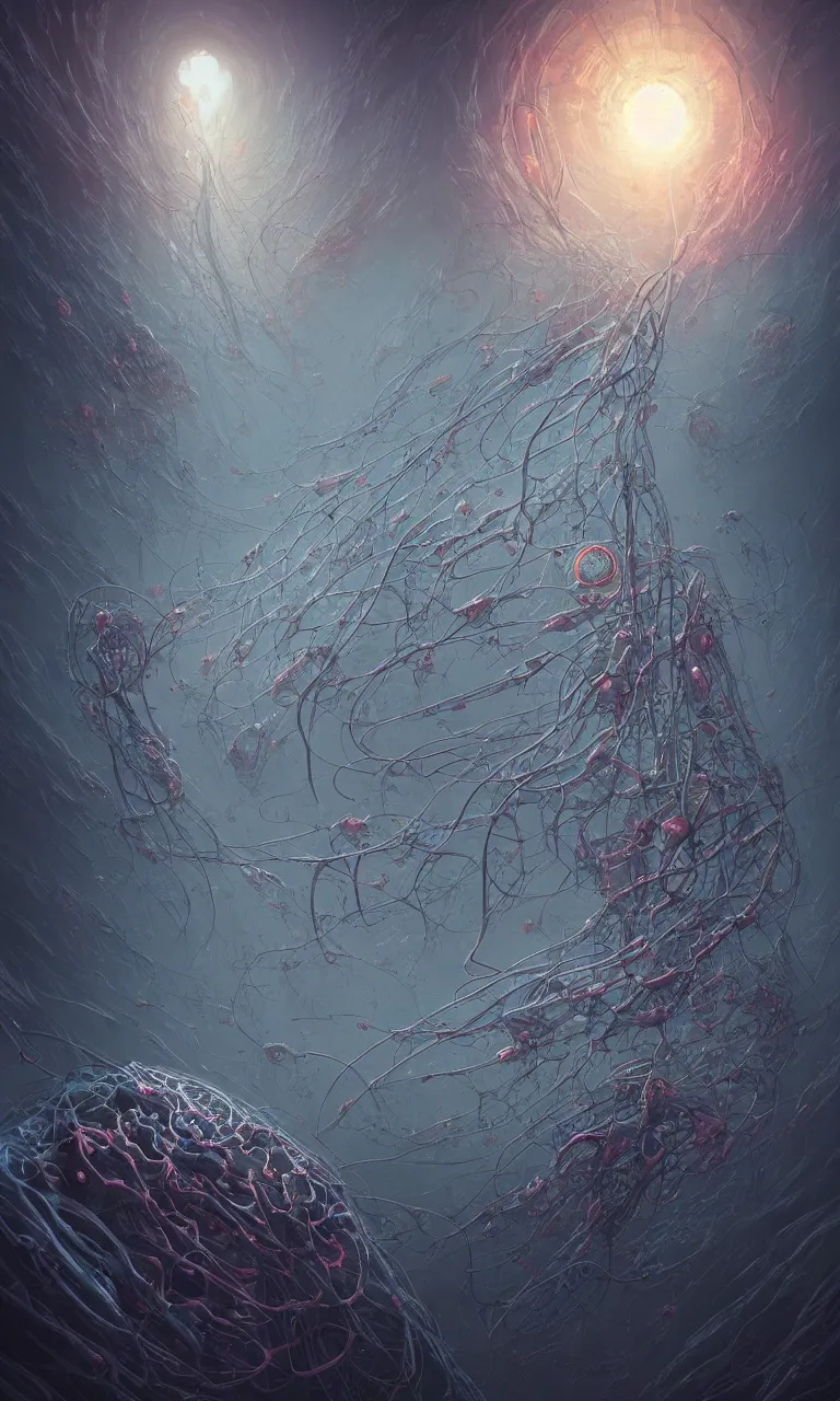 Image similar to internal lymphocyte virion rawandrendered synaptic fractality transmission embryonic beholder glial neurons cyberpunk nerve cells microscopic plankton by wojtekfus facey rossdraws. neuronal megacity neurone synapse by beksinski. # imaginativerealism