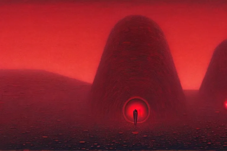 Prompt: only with red, red god of death eat apple, a futuristic city on mars in the background, an ancient path, in the style of beksinski, part by hopper, part by rodcenko, part by hofbauer, intricate composition, red by caravaggio, insanely quality, highly detailed, masterpiece, red light, artstation, 8 k