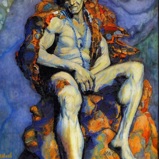 Image similar to comics sandman by Neil Gaiman, Vrubel The Demon Seated, by Mikhail Vrubel, oil painting, art gallery, art museum, small details, whole-length