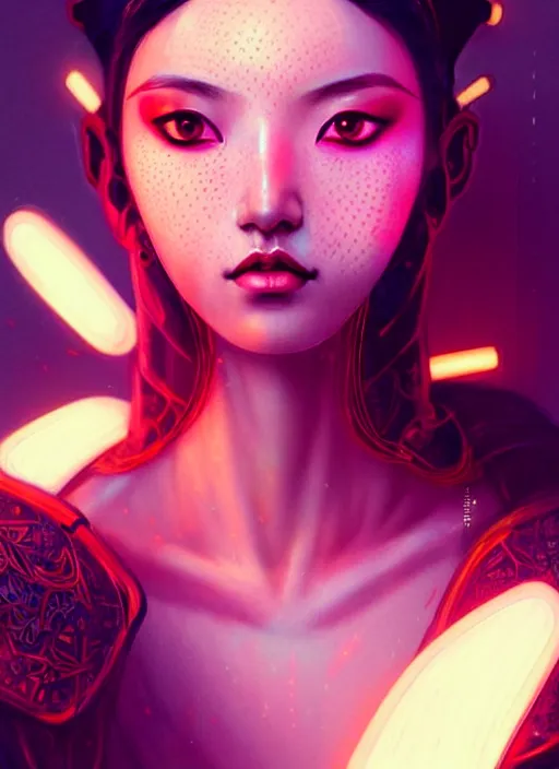 Image similar to sensual oriental female humanoid with freckles, by loish, d & d, fantasy, cyber neon lighting, futurism, intricate futuristic jewelry accessories, cyberpunk high fashion, profile posing, hyper photorealistic, digital photography, artstation, pinterest, concept art, art by pascal blanche and greg rutkowski,