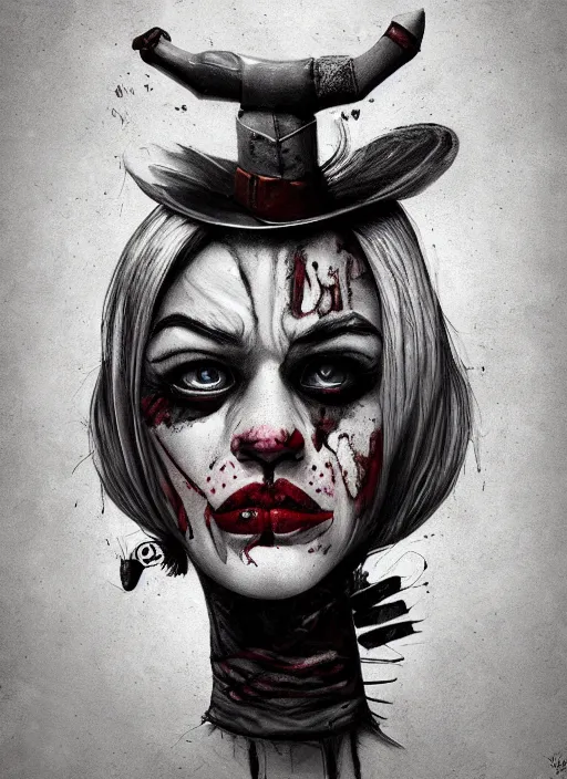 Image similar to surrealism grunge cartoon portrait sketch of harley quinn, by michael karcz, loony toons style, freddy krueger style, horror theme, detailed, elegant, intricate