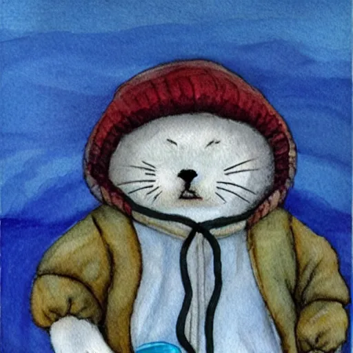 Prompt: “a baby harp seal wearing a puffer jacket, knitted hat, and ear muffs, water color painting”