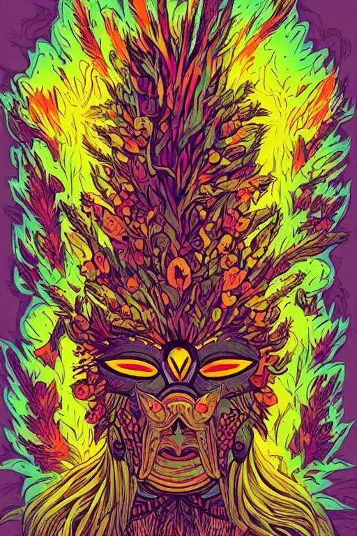 Prompt: animal mask totem roots flower tribal feather gemstone plant wood rock shaman vodoo video game vector cutout illustration vivid multicolor borderlands comics by josan gonzales and dan mumford radiating a glowing aura