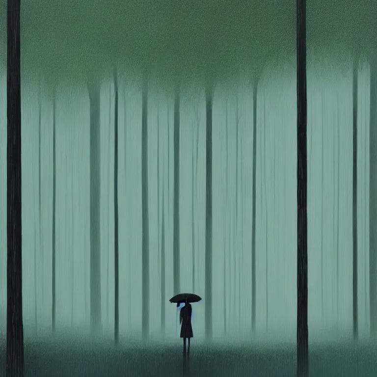 Image similar to a painting of a person standing in the rain surrounded by trees, a digital rendering by Eyvind Earle, deviantart, digital art, matte drawing, deviantart, soft mist