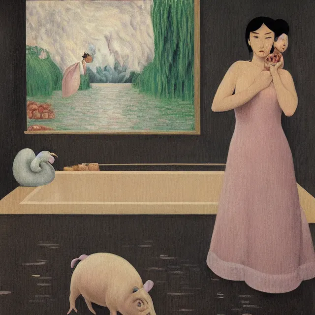 Image similar to tall female emo artist holding a pig in her flooded bathroom, water gushing from ceiling, painting of flood waters inside an artist's bathroom, a river flooding indoors, pomegranates, pigs, ikebana, zen, water, octopus, river, rapids, waterfall, black swans, canoe, berries, acrylic on canvas, surrealist, by magritte and monet