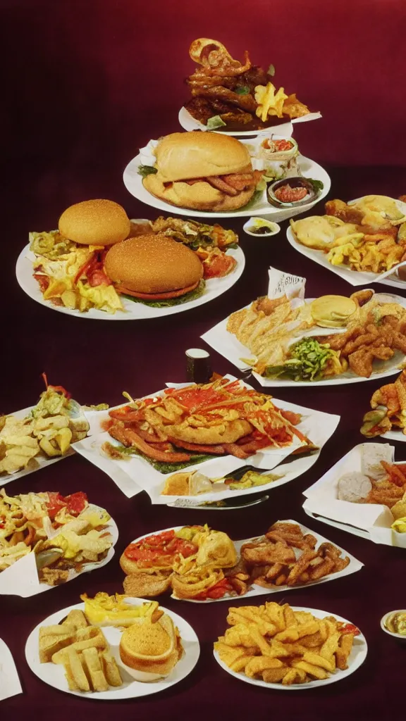 Image similar to 6 0 s food photography of a lavish spread of fast food from mcdonald's, on a velvet table cloth, soft focus