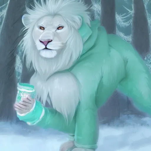 Image similar to aesthetic portrait commission of an albino male furry anthro lion wearing a cute mint colored, cozy, soft pastel winter outfit. winter atmosphere character design by mandy jurgens, irina french, heraldo ortega, rachel walpole, jeszika le vye, and dan volbert.