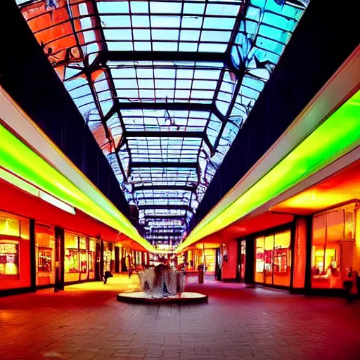 Image similar to A vast 80s shopping mall interior with an enormous water feature, water fountain, water falls, photo taken at night, neon pillars, large crowd, red brick