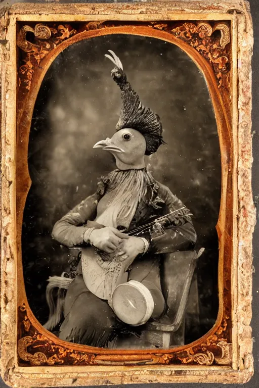 Prompt: a wet plate photo of an anthropomorphic rooster minstrel with a lute