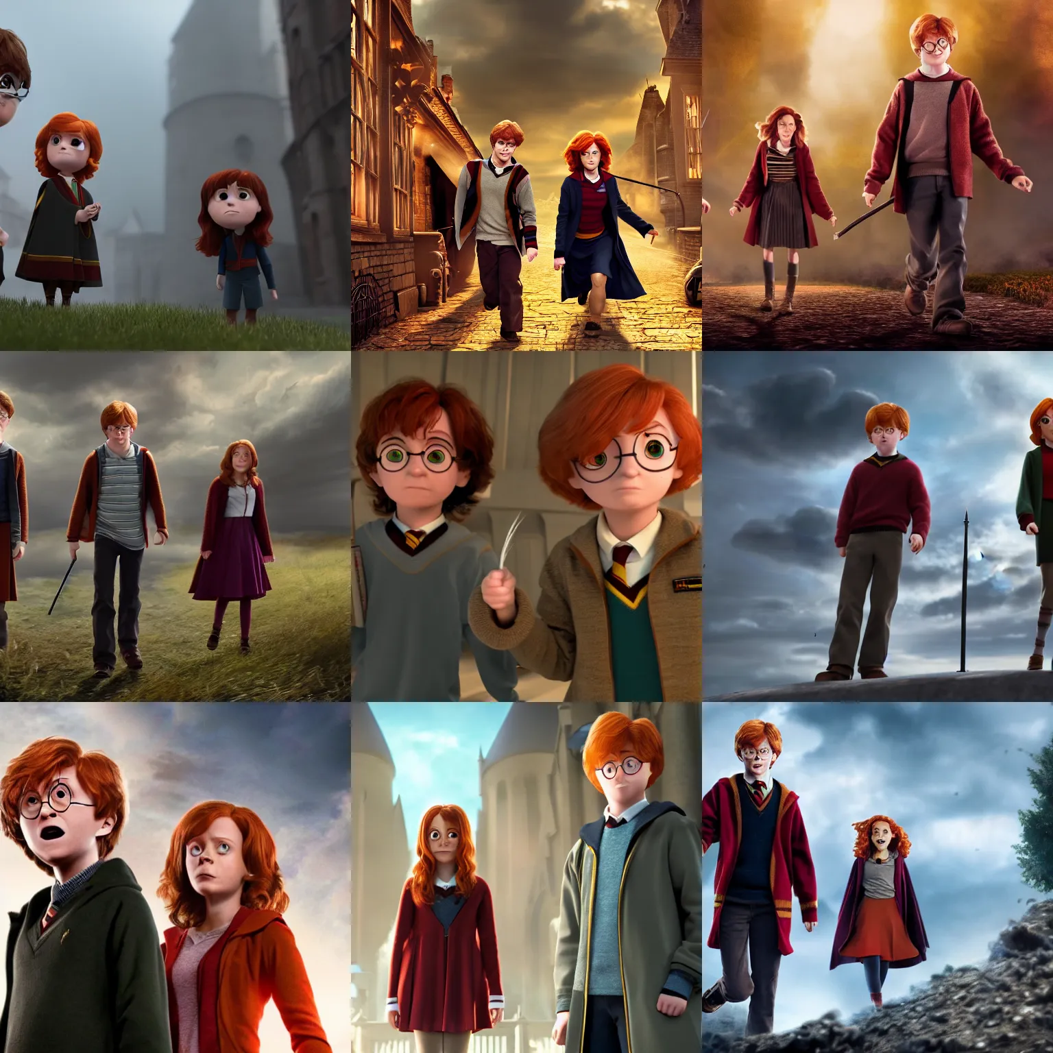 Prompt: Harry Potter, Ron Weasley and Hermione Granger in disney pixar style, cinematic shot, 4K