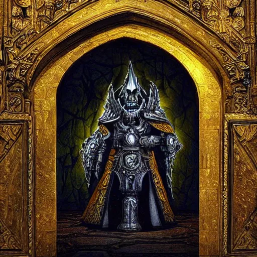 Prompt: “Portrait of the lich king in a gothic hall, high fantasy realistic painting, dramatic lighting”