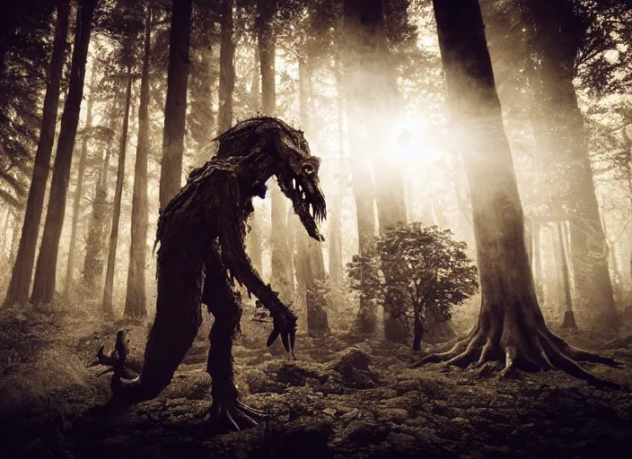 Prompt: an incredibly scary and very very unique monster creature with animal, human and tree characteristics, ancient folk legend in the forest, extremely creative, detailed, gloomy, dramatic evening light, lens flare, 1 8 mm lens, digital medium format professional photography