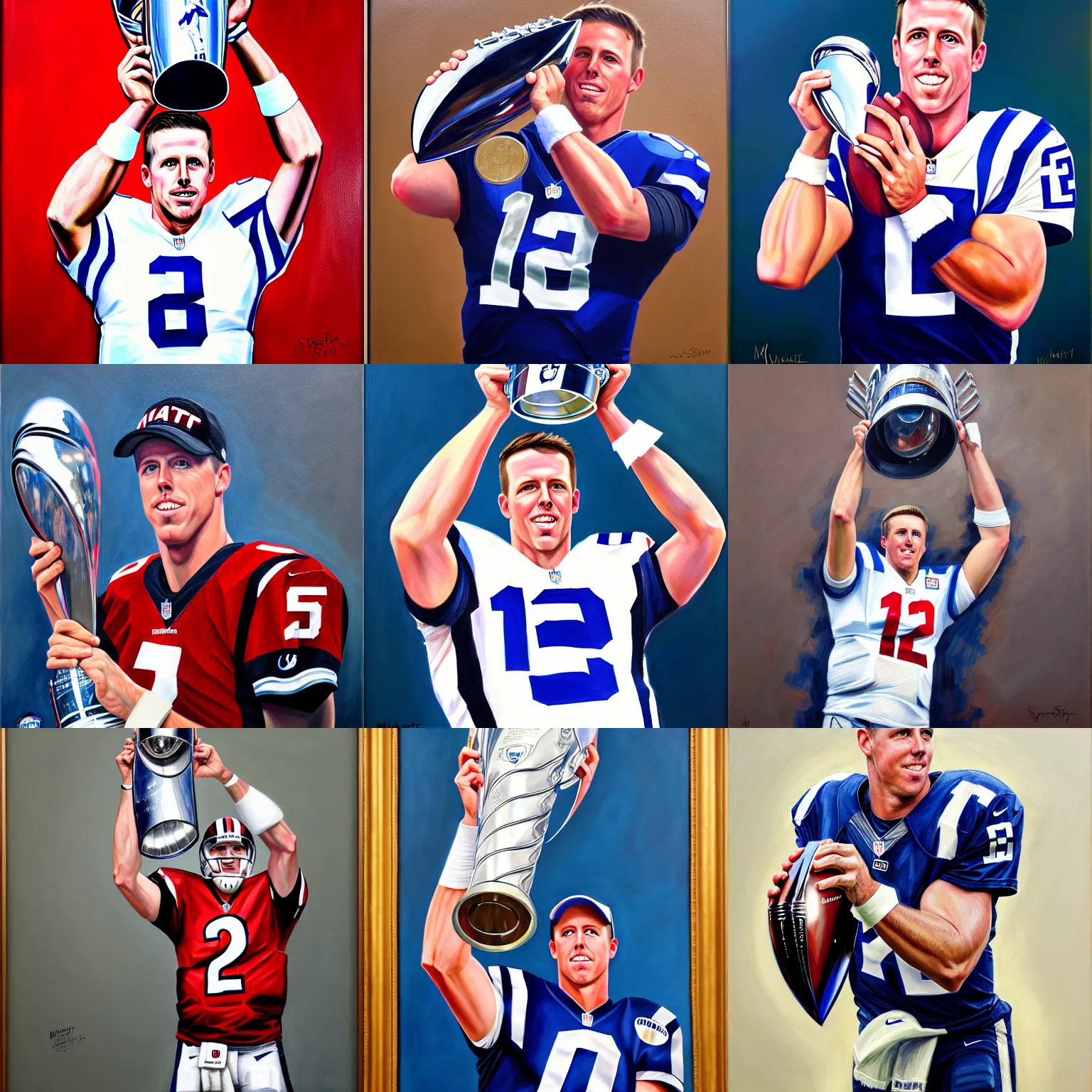 Prompt: facial portrait, colts qb matt ryan lifting the lombardi trophy, oil on canvas by william sydney mount, trending on artstation