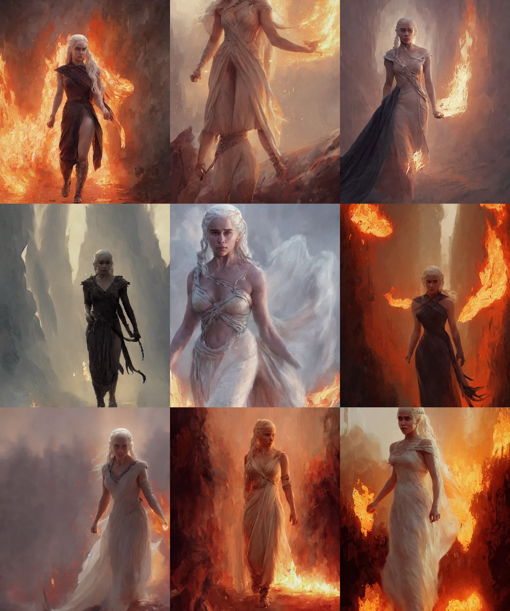 Prompt: digital art painting of daenerys targaryen walking through the fire, dnd portrait painted by craig mullins and gaston bussiere and greg rutkowski, symmetrical face, defined facial features, symmetrical facial features, dramatic lighting