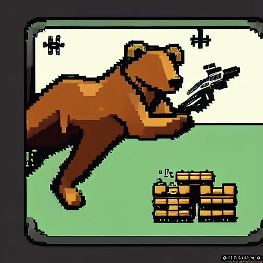 Image similar to bear riding bike shooting gun, 8bit style