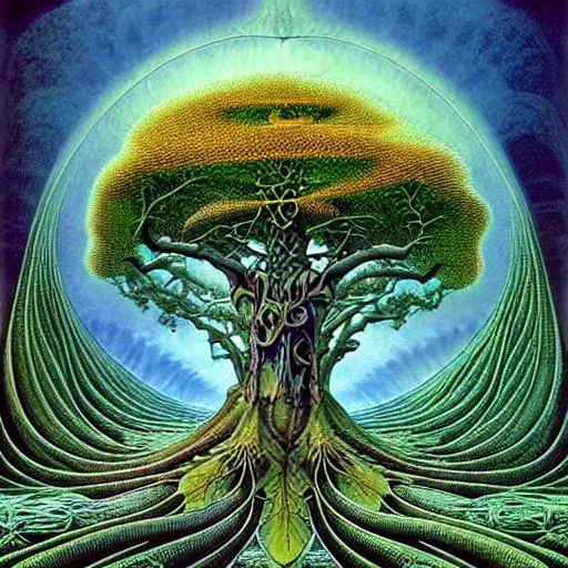 Image similar to sacred ancestral mulberry tree by roger dean and andrew ferez, art forms of nature by ernst haeckel, divine chaos engine, symbolist, visionary, art nouveau, botanical fractal structures, tree of life, lightning bolts, heimat, detailed, realistic, surreality