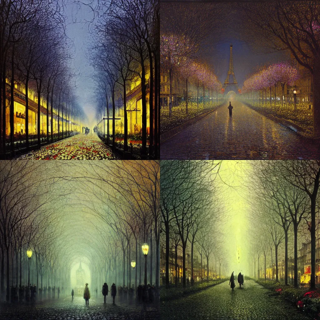 Prompt: Paris Champs Élysées overgrown by miles and flowers by Tyler Edin and François Schuiten and Jean Delville and John Atkinson Grimshaw and Robert Hubert, German romanticism style, oil on canvas, cinematic lighting, vibrant, concept art, gothic, contrasting, nightscape