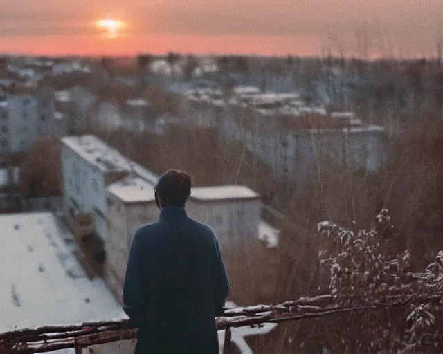 Image similar to award - winning lomographic tarkovsky film still of 4 0 years russian man with beard and sweater standing on small hrushevka 9 th floor balcony in taiga looking at sunset, cinestill, bokeh