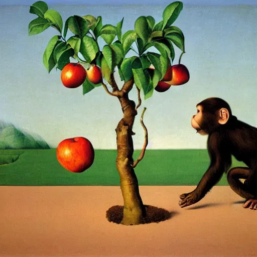 Image similar to an apple tree throwing apples at a monkey by Raphael, Hopper, and Rene Magritte. detailed, romantic, enchanting, trending on artstation.