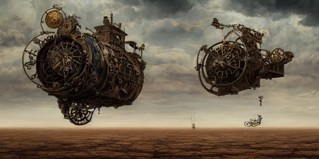 Prompt: steampunk zepellin floating above aral lake desert in the style of jaroslaw jasnikowski, dramatic lighting, colorfull, epic, photorealistic, perfectly centered, baroque style, steampunk, alexander mikhalchuk, jaroslaw jasnikowski, dariusz zawadzki, h. r. giger, trending on artstation