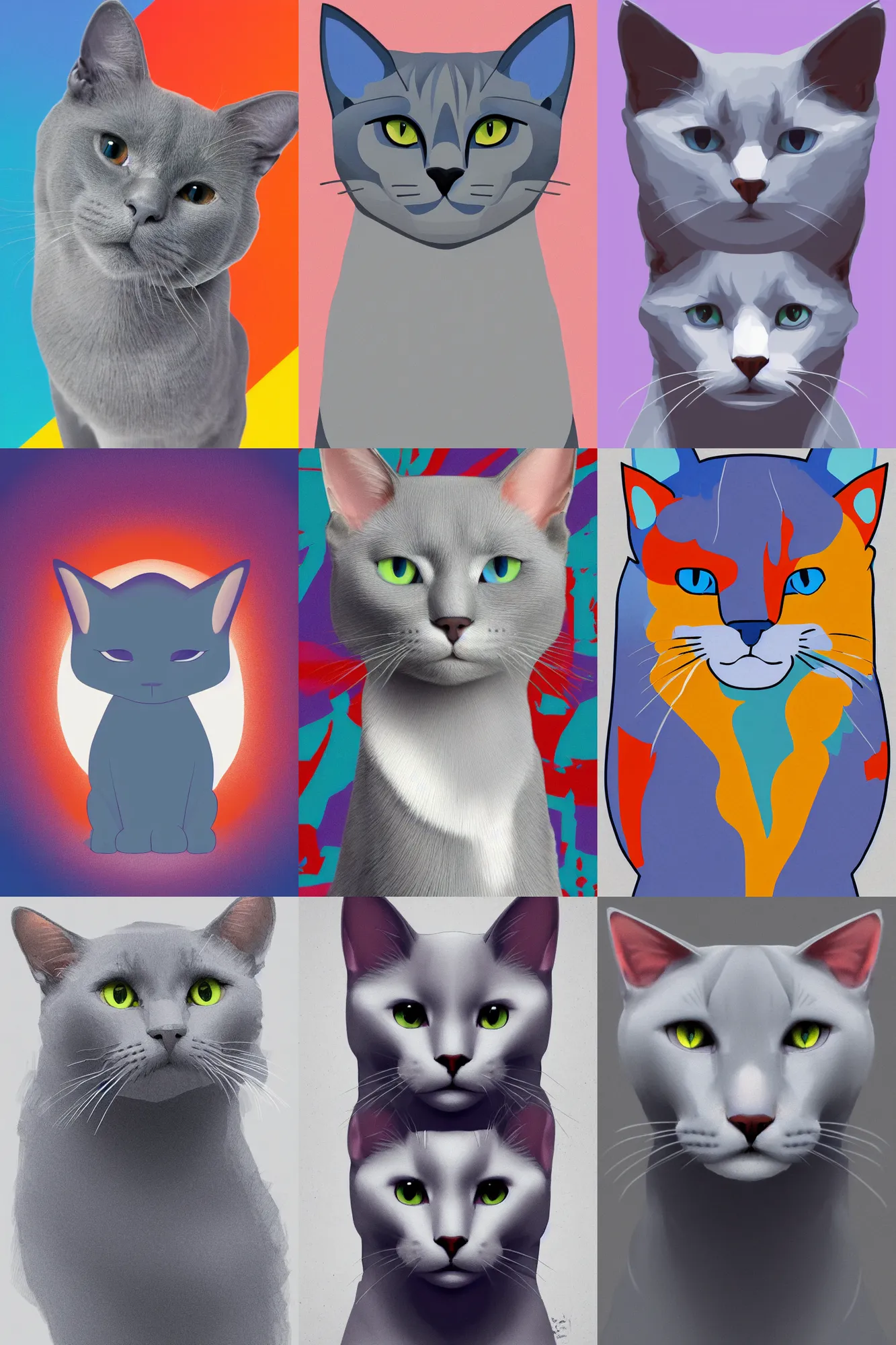 Prompt: a russian blue cat symmetric with a white chest, colorful flat surreal design, hd, 8 k, artstation