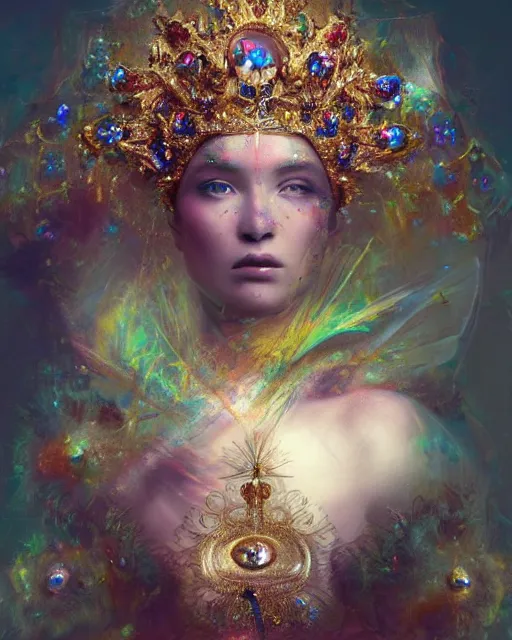 Prompt: 4k cinematic full view iridescent ethereal elysian female wearing intricate religious Madonna crown made of gemstones by Ruan Jia by Alberto Seveso, detailed and realistic, poetic and symbolic, vivid and vibrant, Artstation