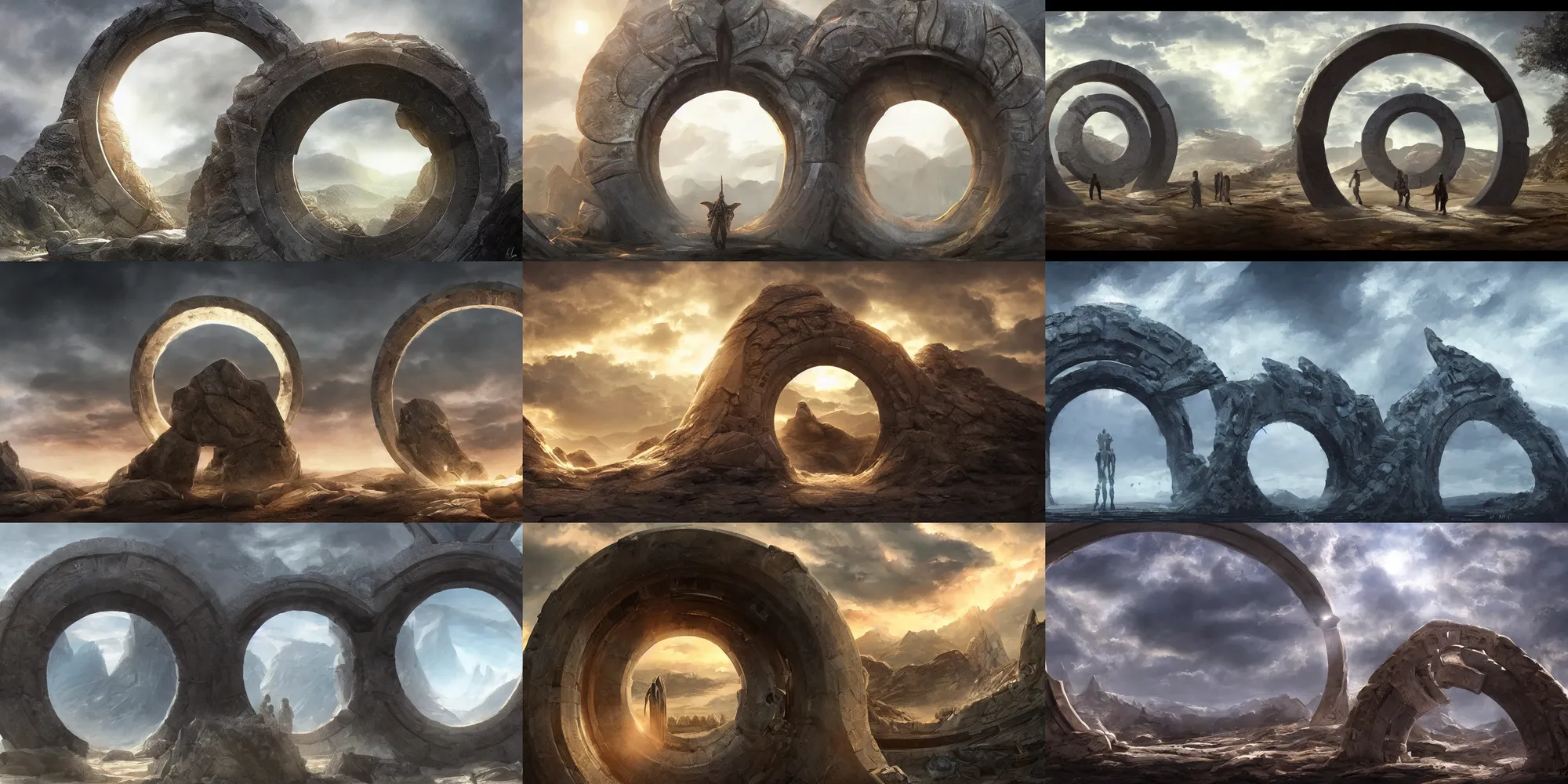 Prompt: stargate made of stone that form a circle, cinematic view, epic sky, digital painting, concept art, trending on artstation