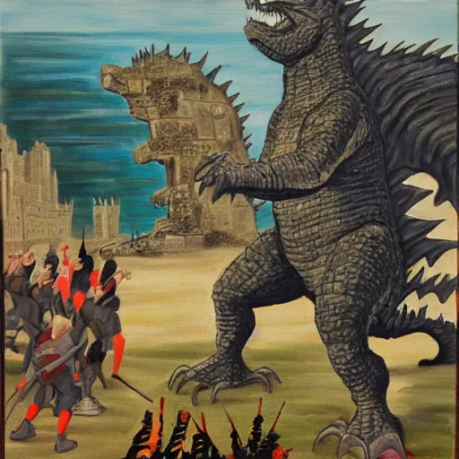 Prompt: Godzilla fighting Biden in medieval England, oil painting