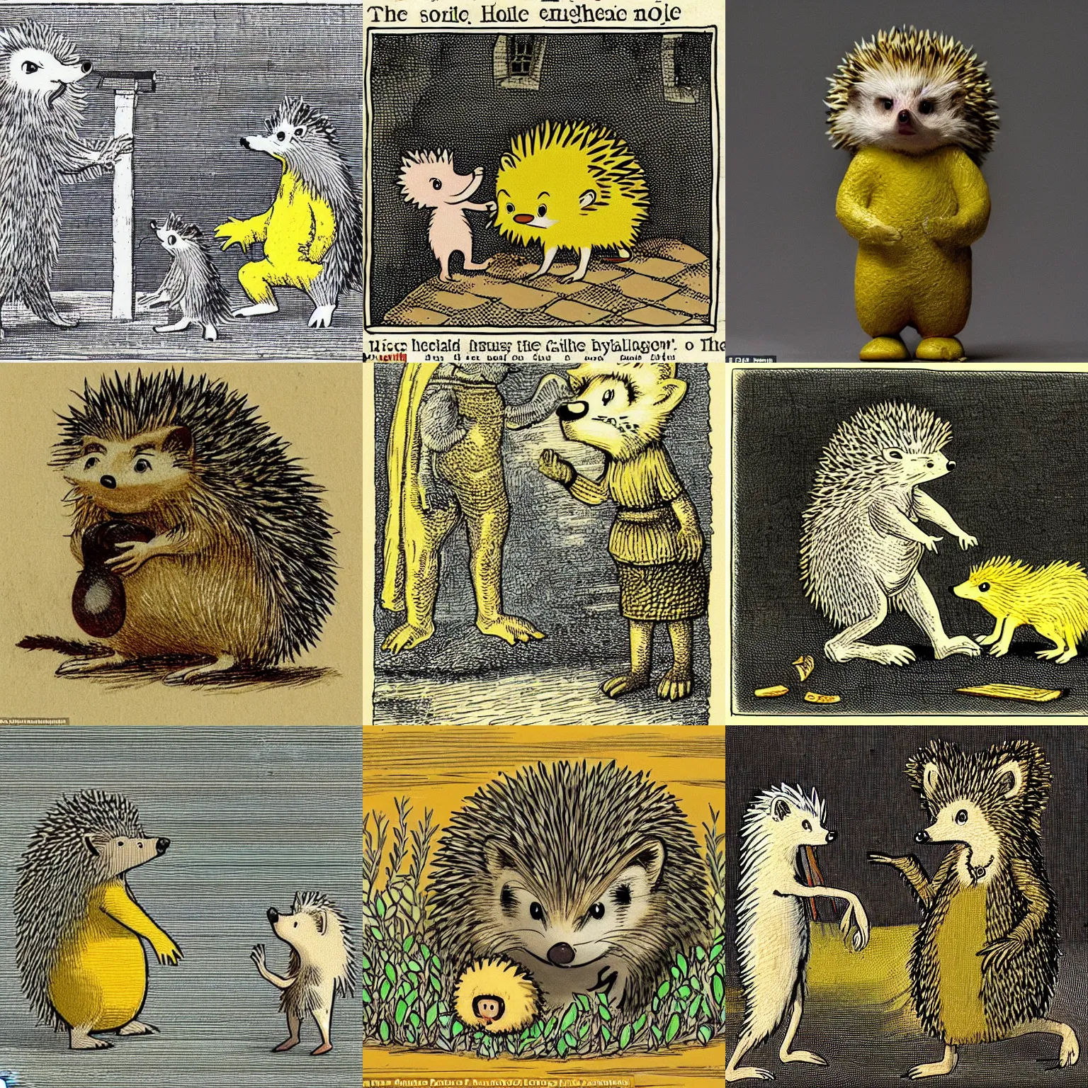 Prompt: the hedgehog who was entirely yellow and bipedal whose eyes tapered together who talked to a strange man from appalachia, from the illustrated sonichu miniature greek prose romance, written by ovid