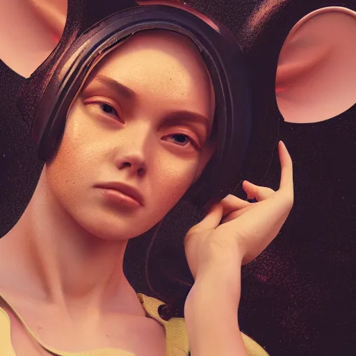 Image similar to beautiful girl wearing mouse ears and jumpsuit, sharp focus, octane render, volumetric lighting, 8k high definition, by greg rutkowski, highly detailed, trending on art Station