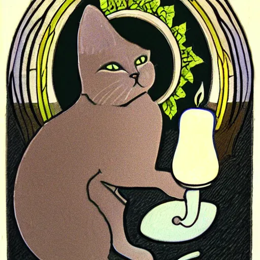 Prompt: art nouveau cat lighting a candle
