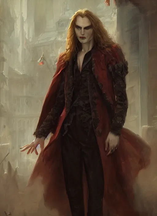 Image similar to portrait painting of the vampire lestat in paris, muscular male, long hair! long coat, elegant rugged handsome unreal render cinematic lighting art 1 8 9 0 period drama by bussiere rutkowski andreas rocha