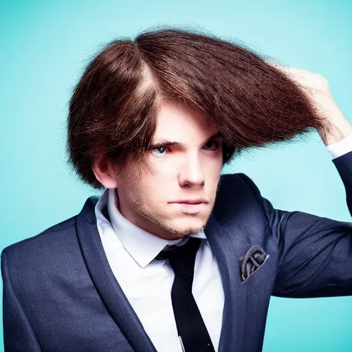 Prompt: photo of a sad ball of hair wearing a suit